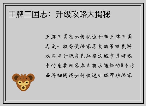 王牌三国志：升级攻略大揭秘